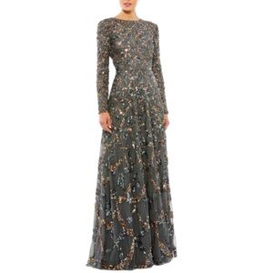 NWT $698 MSRP Mac Duggal Hand-Embellished Charcoal Gray Long Sleeve Evening Gown